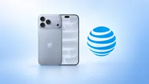 iPhone 18 Pro Max next to the AT&T logo on a light blue background