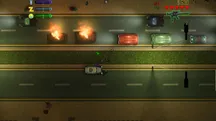 Vista cenital nocturna de una avenida de GTA 2 con rótulos de neón iluminando la calle