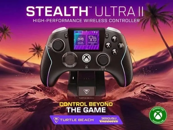 Mando Turtle Beach Stealth Ultra II con pantalla y base de carga en la imagen de presentación