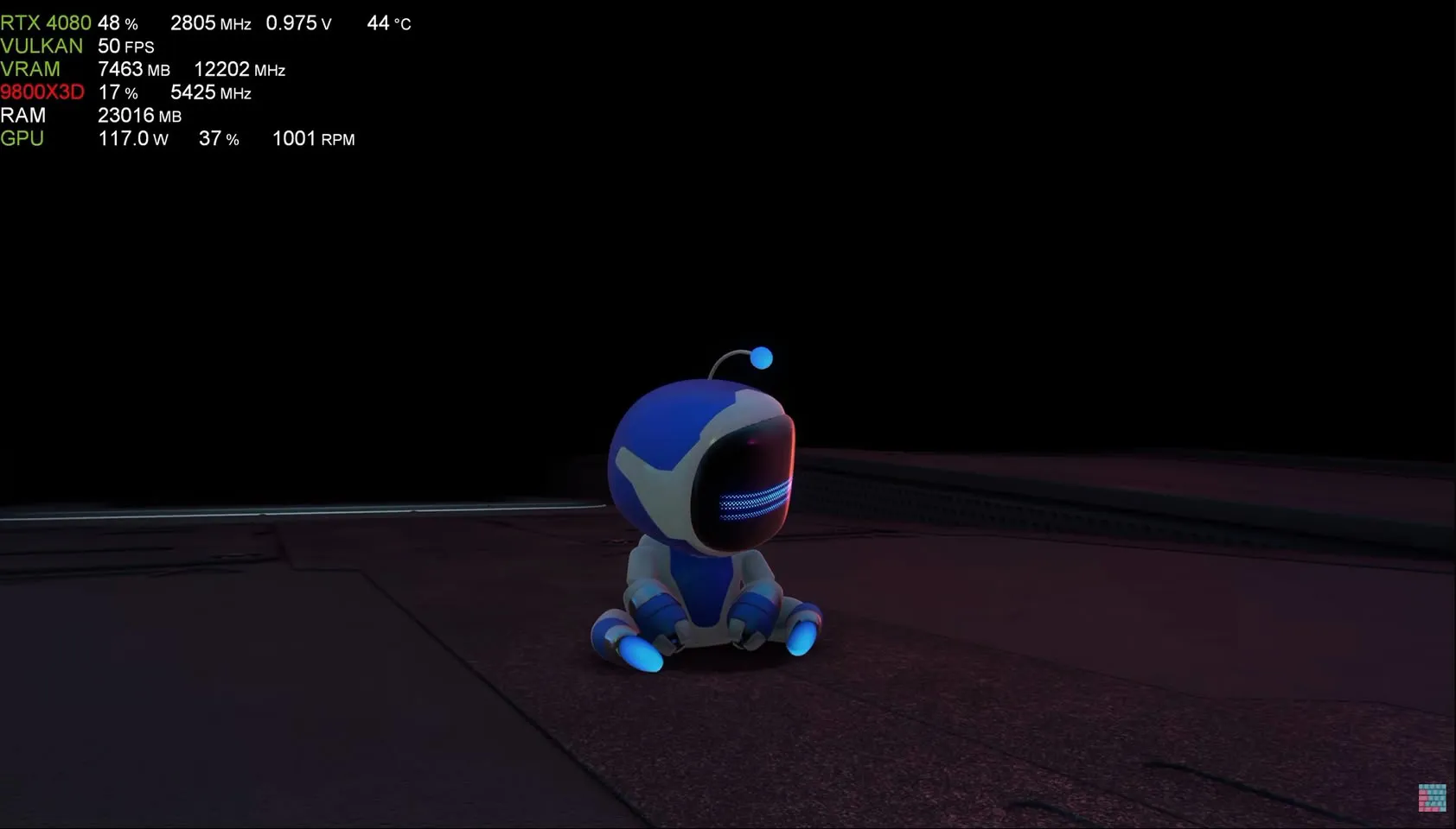 Astro, el personaje protagonista, sentado en una plataforma oscura durante una partida emulada de Astro’s Playroom