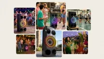 LG xboom Power party speaker with multicolour front lighting on a dark background