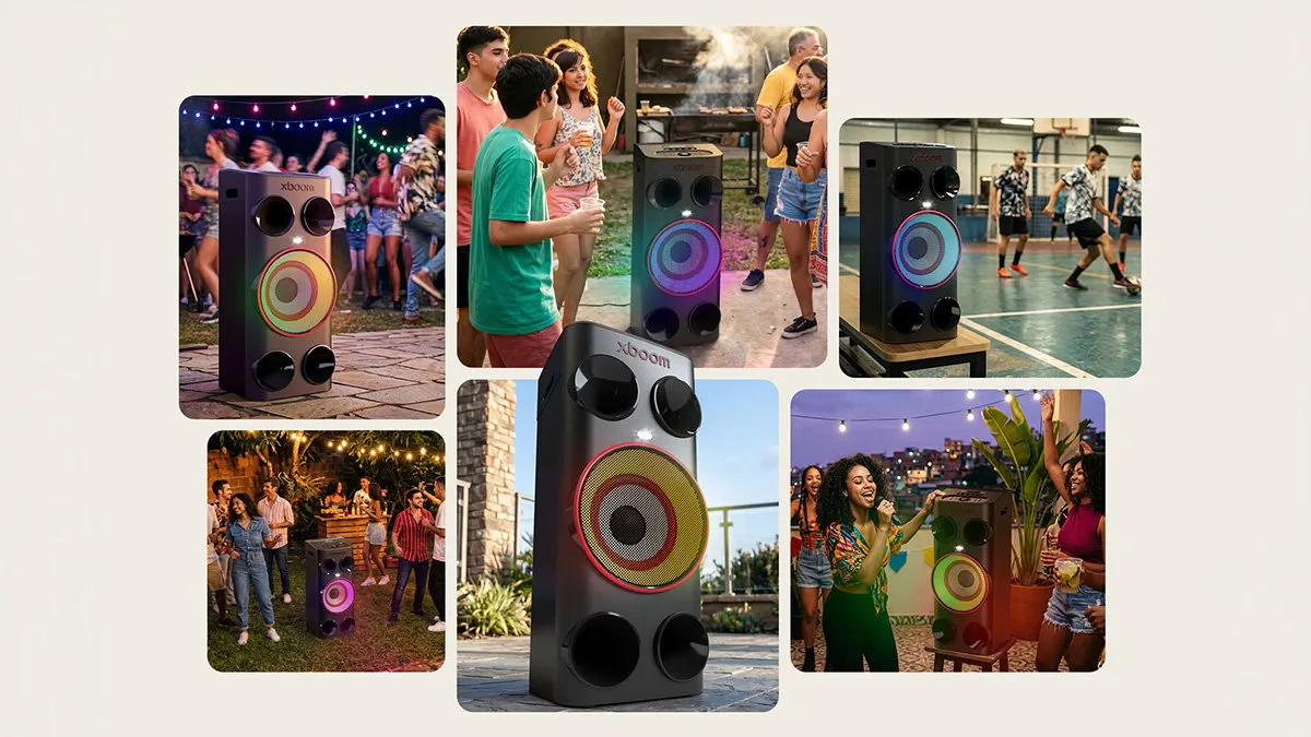 LG xboom Power party speaker with multicolour front lighting on a dark background