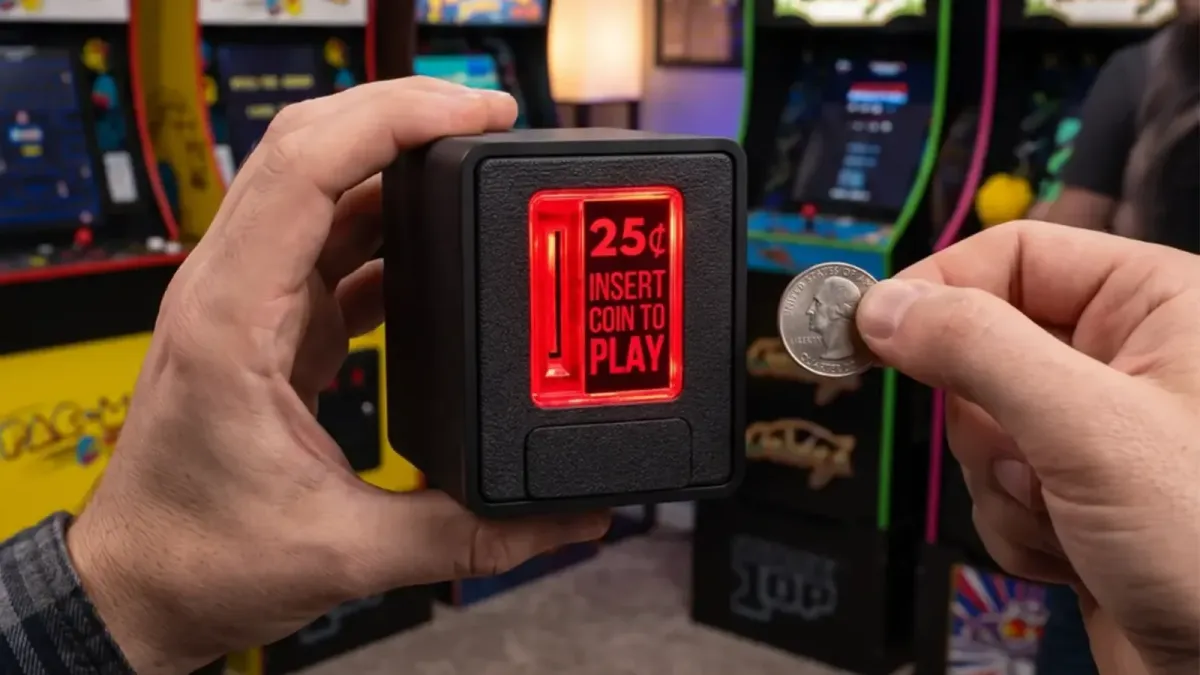 Ranura de monedas Insert Coin Cube junto a una pantalla con un emulador arcade