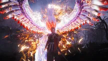 Figura mística con una espada rodeada por un fénix de fuego sobre un bosque oscuro