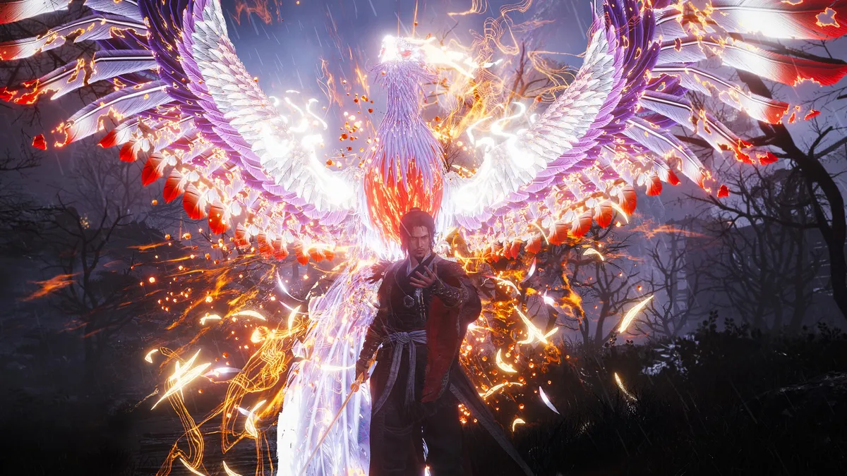 Figura mística con una espada rodeada por un fénix de fuego sobre un bosque oscuro