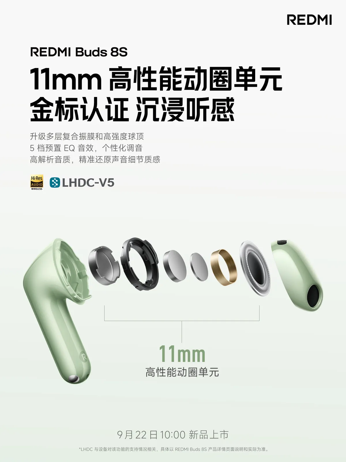 Cartel promocional de los Redmi Buds 8S con el driver de 11 mm desmontado y el sello Hi-Res Audio Wireless