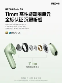 Cartel promocional de los Redmi Buds 8S con el driver de 11 mm desmontado y el sello Hi-Res Audio Wireless
