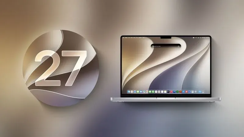 MacBook con el escritorio de macOS 27 junto al emblema con el número 27