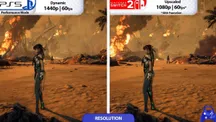Comparativa lado a lado de Stellar Blade con la resolución y los fotogramas de PS5 y Switch 2 superpuestos sobre la escena
