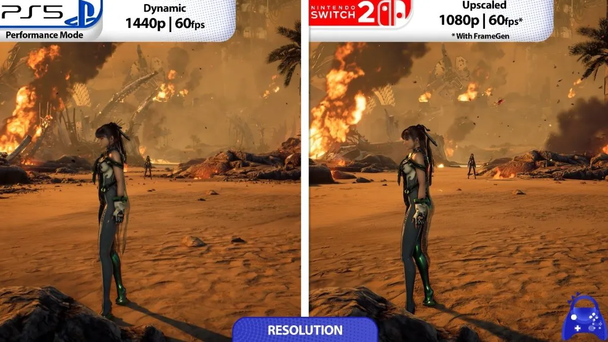 Comparativa lado a lado de Stellar Blade con la resolución y los fotogramas de PS5 y Switch 2 superpuestos sobre la escena