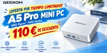 Imagen promocional del mini PC GEEKOM A5 Pro 2026 Edition con su precio de oferta