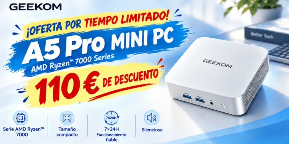 Imagen promocional del mini PC GEEKOM A5 Pro 2026 Edition con su precio de oferta