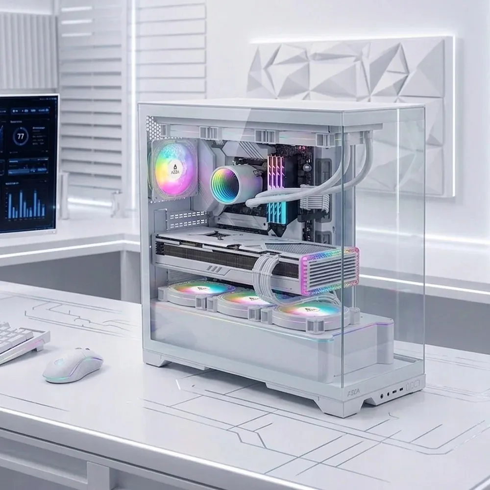 Caja AZZA ABYSS en blanco con los tres paneles de cristal envolventes y el interior del equipo a la vista