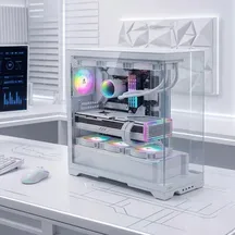 Caja AZZA ABYSS en blanco con los tres paneles de cristal envolventes y el interior del equipo a la vista