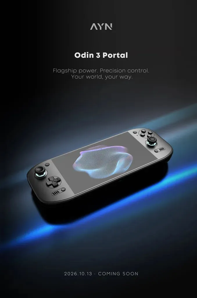 Cartel de anuncio del AYN Odin 3 Portal, con el logotipo de AYN, el lema «flagship power, precision control» y una vista del dispositivo sobre fondo oscuro