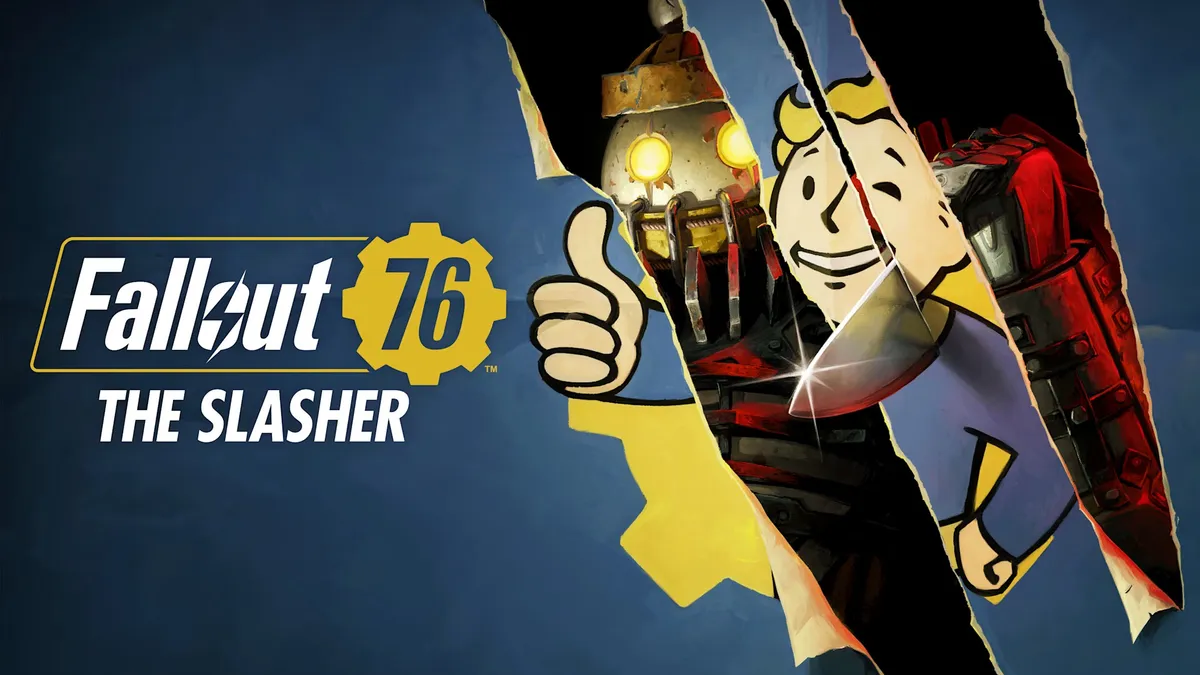 Ilustración de Fallout 76: The Slasher con Vault Boy y una mano robótica sosteniendo un cuchillo sobre fondo azul