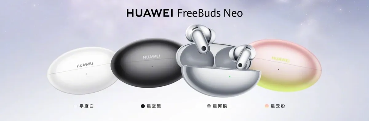 Los auriculares Huawei FreeBuds Neo en sus cuatro colores junto al estuche de carga