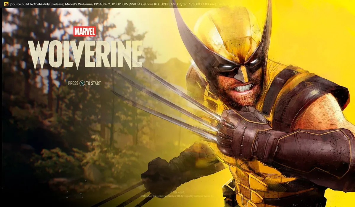 Pantalla de inicio de Marvel’s Wolverine ejecutándose en PC, con la barra de superposición del emulador que indica un Ryzen 7 7800X3D y una GeForce RTX 5090