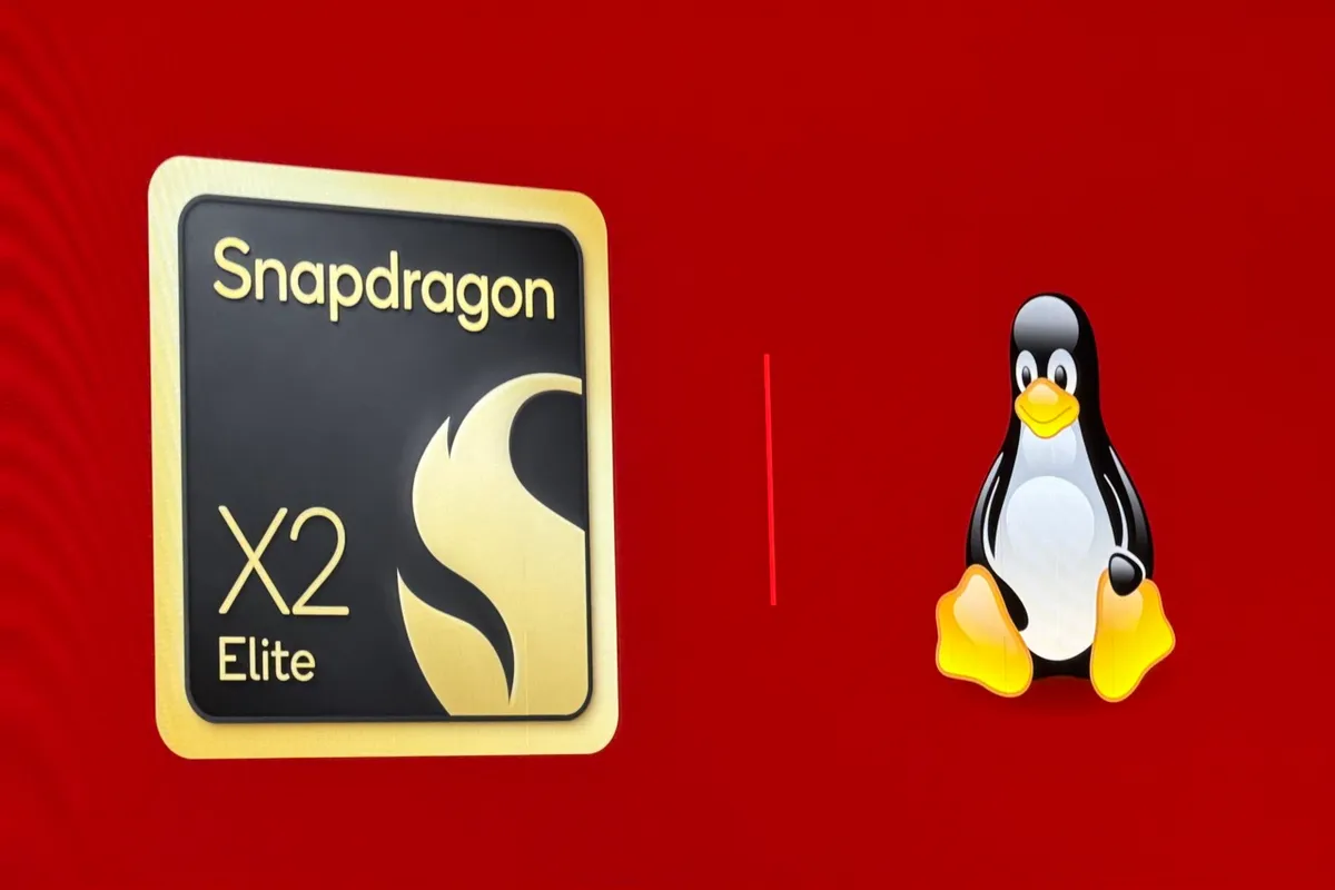 Logotipo de Snapdragon X2 Elite, a la izquierda, junto al pingüino Tux de Linux, a la derecha, sobre un fondo rojo