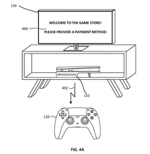 Figura 4A de la patente de Sony: un televisor muestra el aviso "Please provide a payment method" sobre una consola, con un mando DualSense debajo
