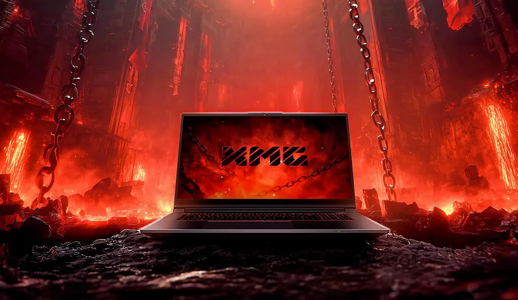 Portátil para juegos de XMG rodeado de cadenas sobre un escenario de lava y fuego