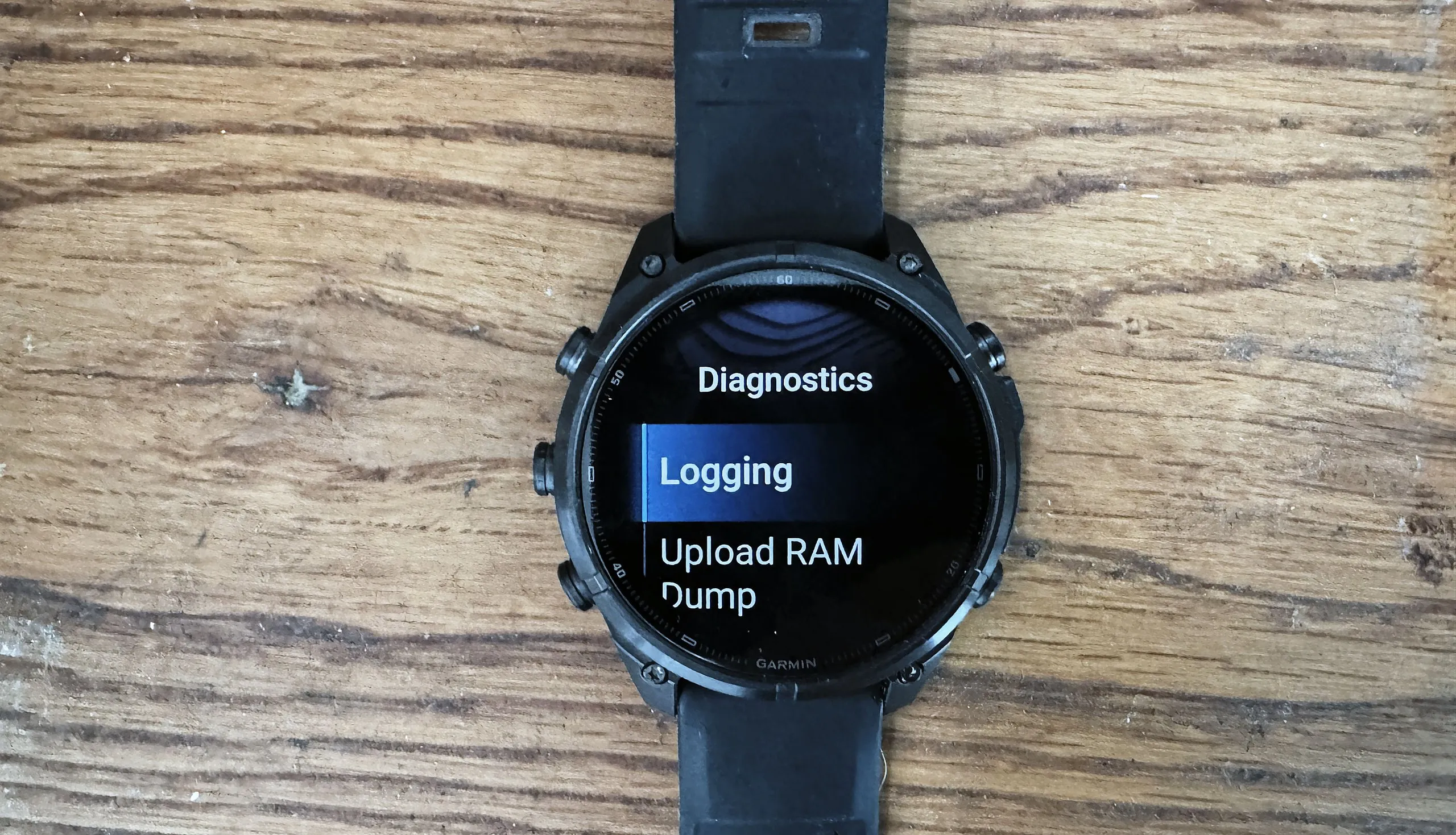 Pantalla de diagnóstico del Garmin Fenix 9 Pro con datos del sistema