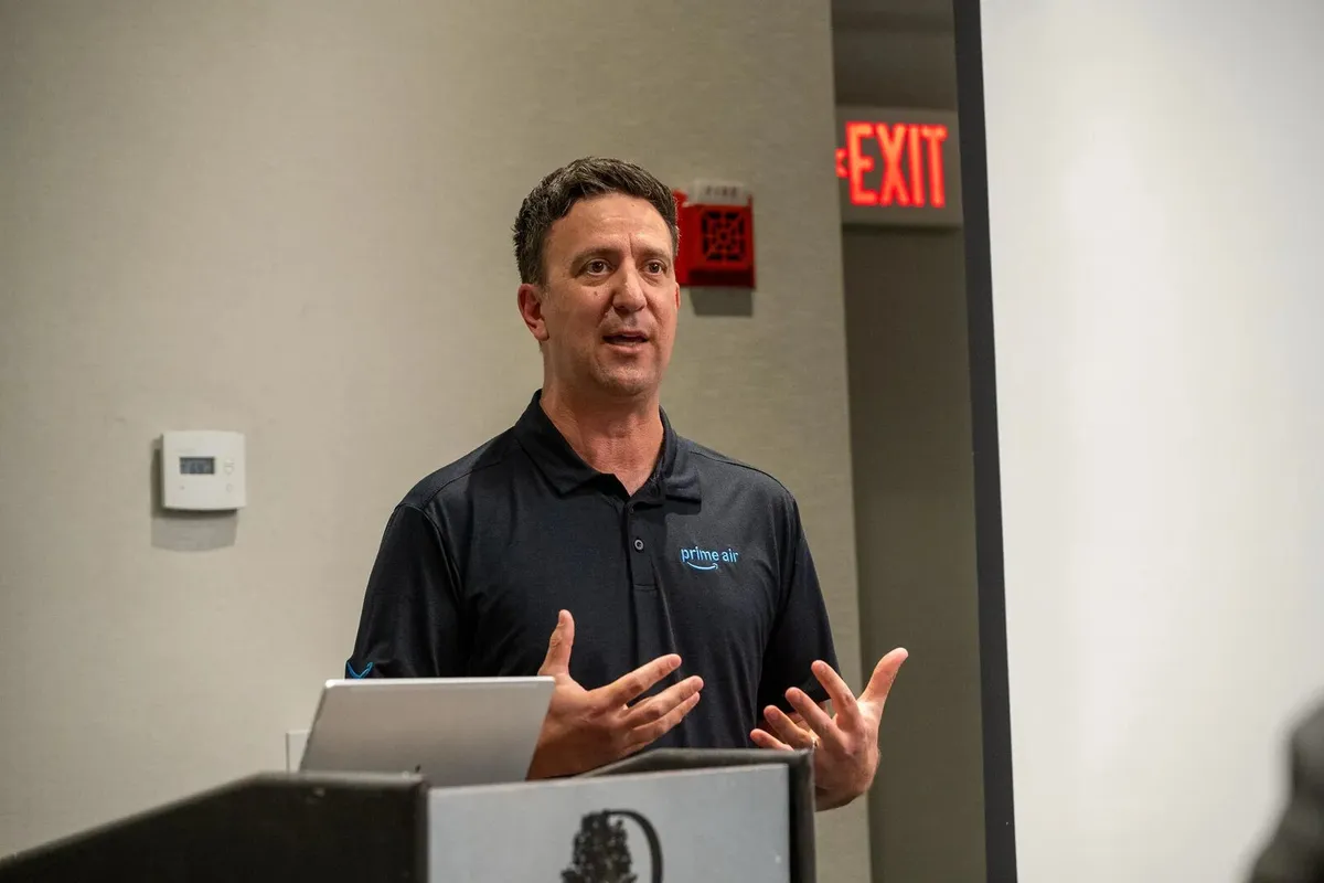 Tareq Wafaie of Amazon Prime Air speaking during a drone delivery presentation