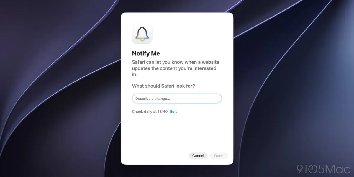 Diálogo Notify Me en Safari con el campo "What should Safari look for?" y la revisión diaria programada