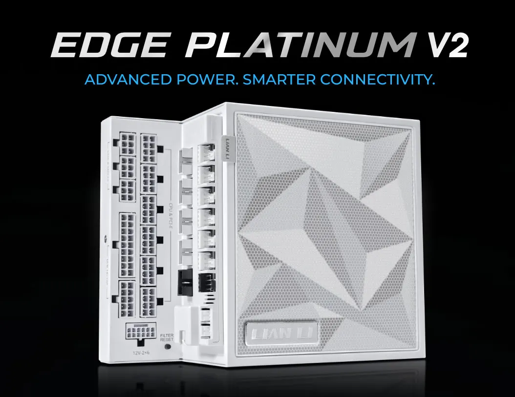Fuente de alimentación Lian Li Edge Platinum V2 en negro junto a su cableado modular