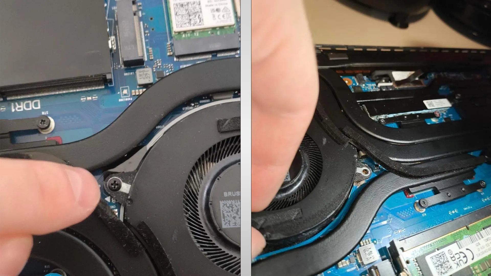 Vista dividida del interior de la ROG Strix G16, con una mano señalando el montaje del ventilador sobre la placa base