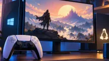 Ilustración de un mando de PlayStation junto a un ordenador con Windows y Linux