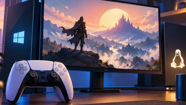 Ilustración de un mando de PlayStation junto a un ordenador con Windows y Linux