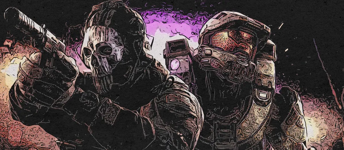 Ilustración en estilo boceto de dos soldados con casco y armadura sobre un fondo oscuro con tonos morados
