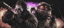 Ilustración en estilo boceto de dos soldados con casco y armadura sobre un fondo oscuro con tonos morados