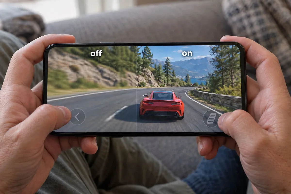 Manos sosteniendo un móvil con un juego de carreras; la mitad izquierda aparece etiquetada «off» y la derecha «on», con la imagen más nítida