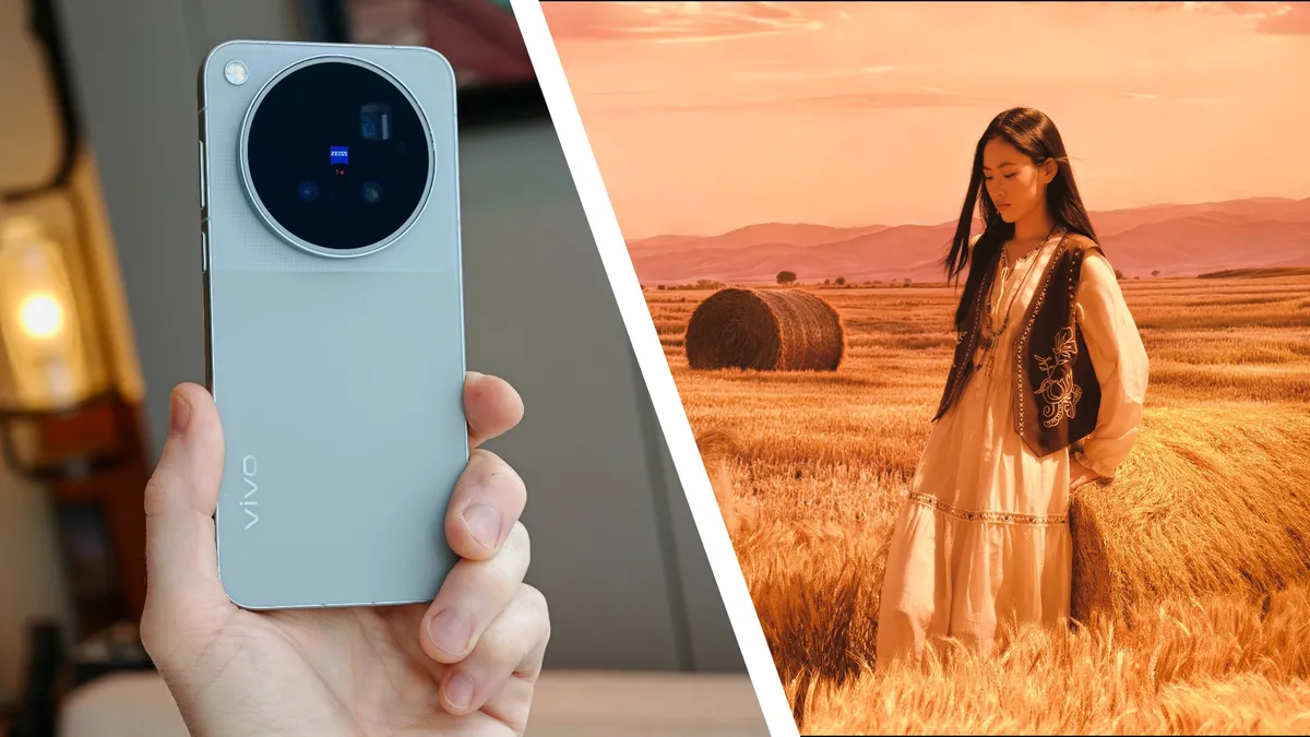 Teléfono Vivo X500 Pro Max sostenido en una mano junto a una fotografía de una modelo en un campo de heno