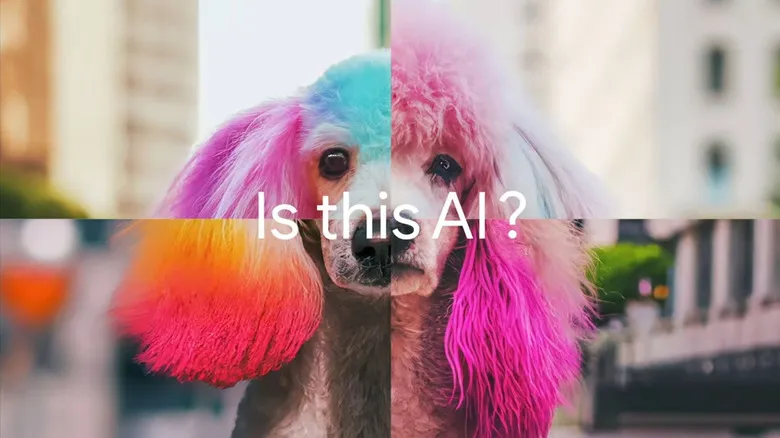 Imagen compuesta de un perro con el pelo de colores y el texto «¿Esto es IA?»