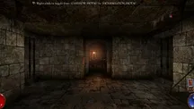 Pasillo de mazmorra de piedra en Arx Fatalis con un aviso en la parte superior sobre los modos de cursor y de mirada