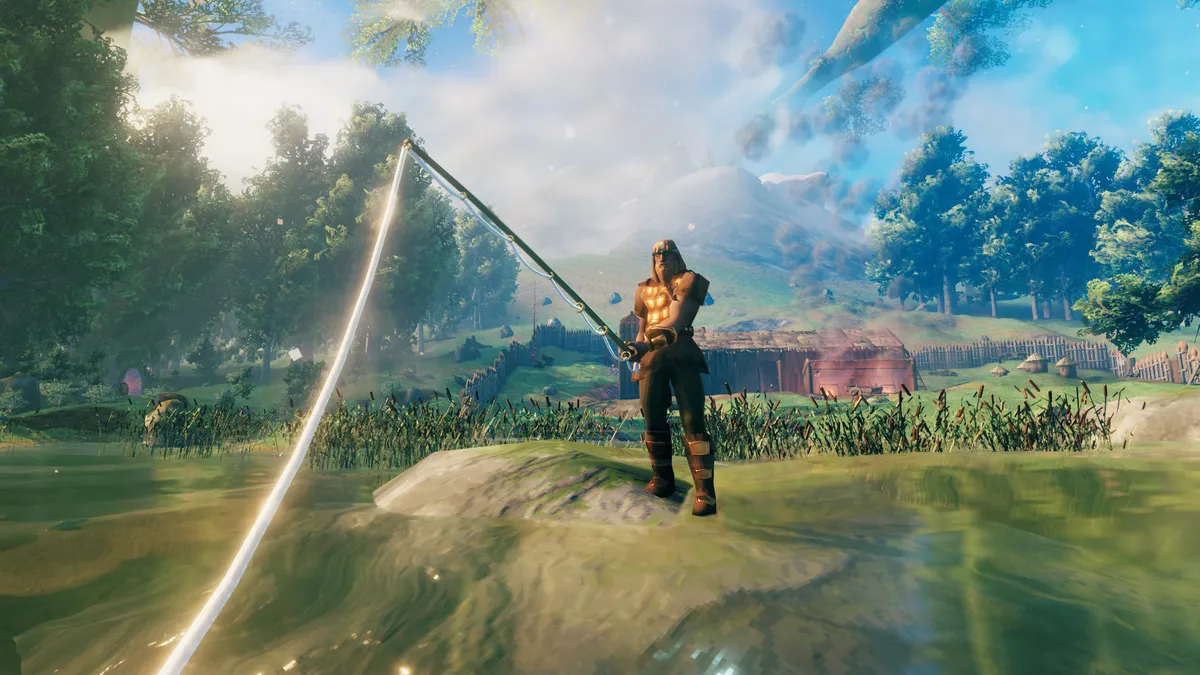 Un vikingo pescando en la orilla de un lago en Valheim