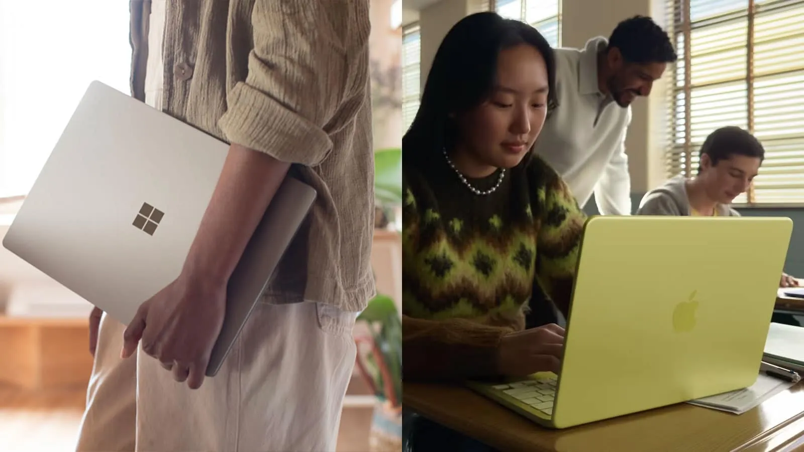Composición dividida: a la izquierda, una persona porta un portátil Microsoft Surface; a la derecha, estudiantes trabajan con un MacBook amarillo