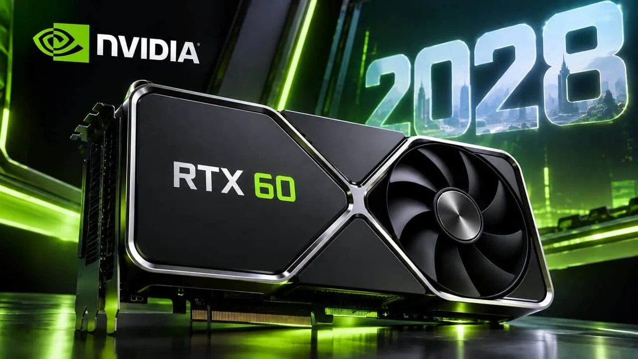 Render de una tarjeta gráfica NVIDIA etiquetada RTX 60 con el año 2028 iluminado al fondo