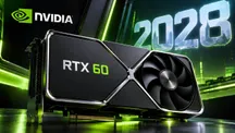 Render de una tarjeta gráfica NVIDIA etiquetada RTX 60 con el año 2028 iluminado al fondo