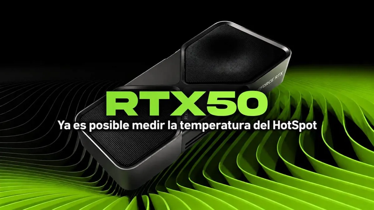 Dos tarjetas gráficas NVIDIA GeForce RTX 50 sobre un fondo verde con el titular sobre la temperatura del hotspot