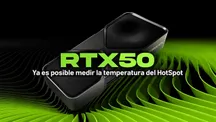 Dos tarjetas gráficas NVIDIA GeForce RTX 50 sobre un fondo verde con el titular sobre la temperatura del hotspot