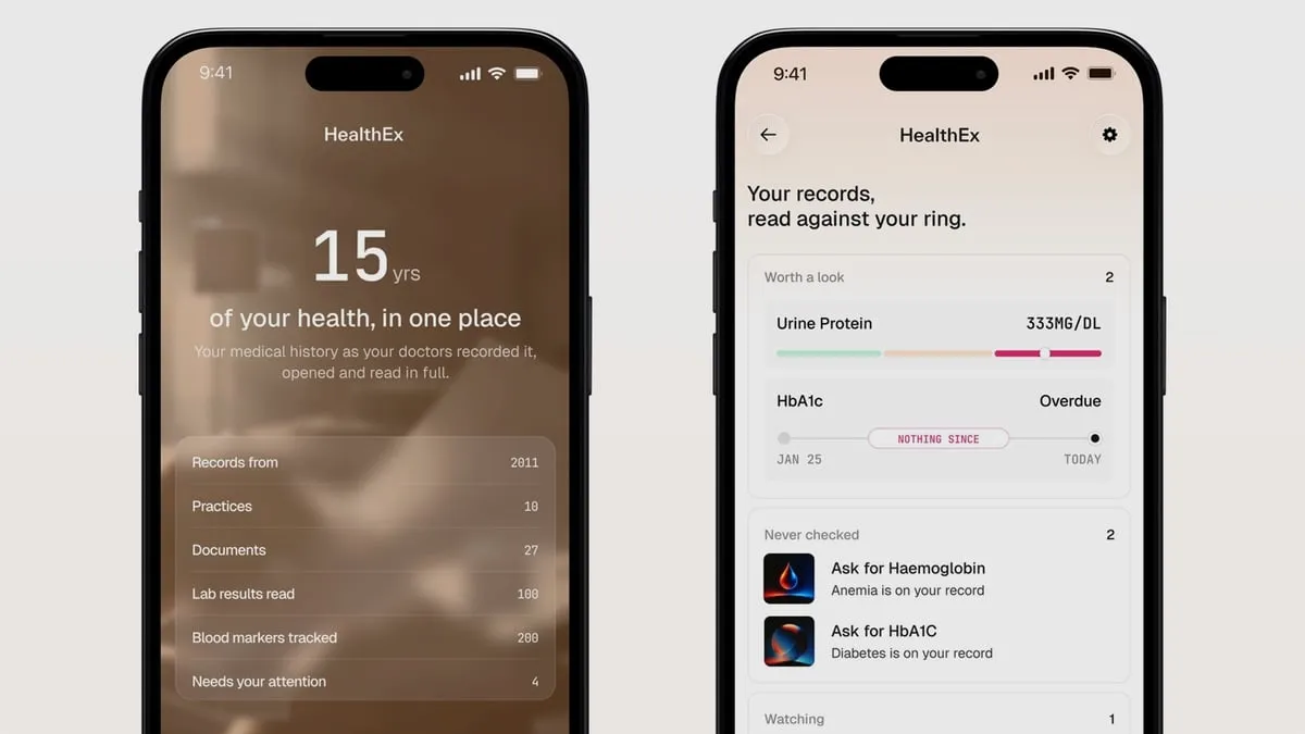 Dos pantallas de móvil con la app HealthEx de Ultrahuman mostrando el historial médico, los análisis de laboratorio y los avisos de resultados pendientes