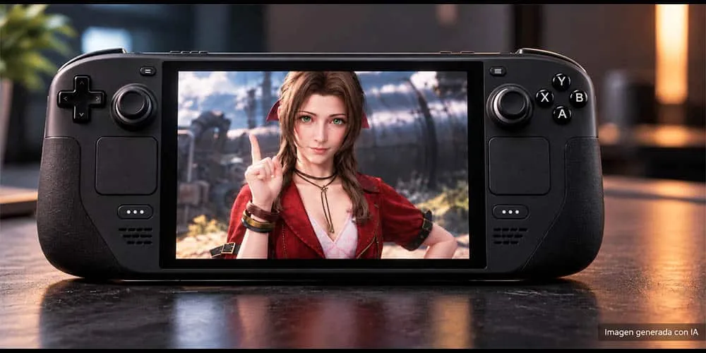 Consola portátil similar a la Steam Deck que muestra en pantalla a la protagonista de Final Fantasy VII