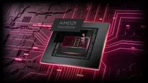 Ilustración de un chip AMD Radeon sobre un fondo de circuitos en tonos rojos