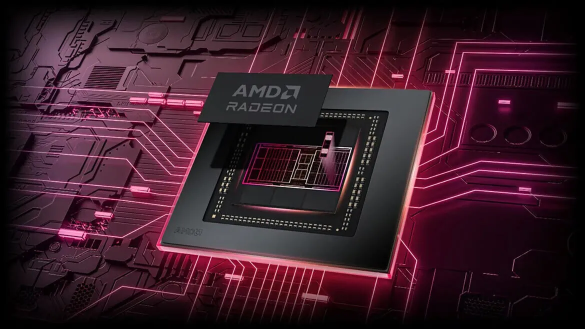 Ilustración de un chip AMD Radeon sobre un fondo de circuitos en tonos rojos