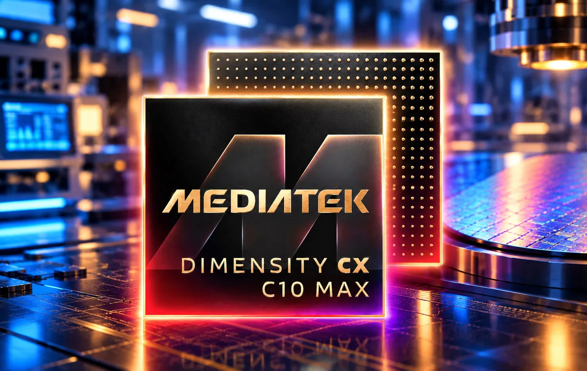 El chip MediaTek Dimensity CX C10 Max junto a la marca Dimensity CX sobre fondo oscuro