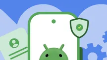 Illustration of the Android mascot peeking from behind a phone with a verification shield next to a user icon